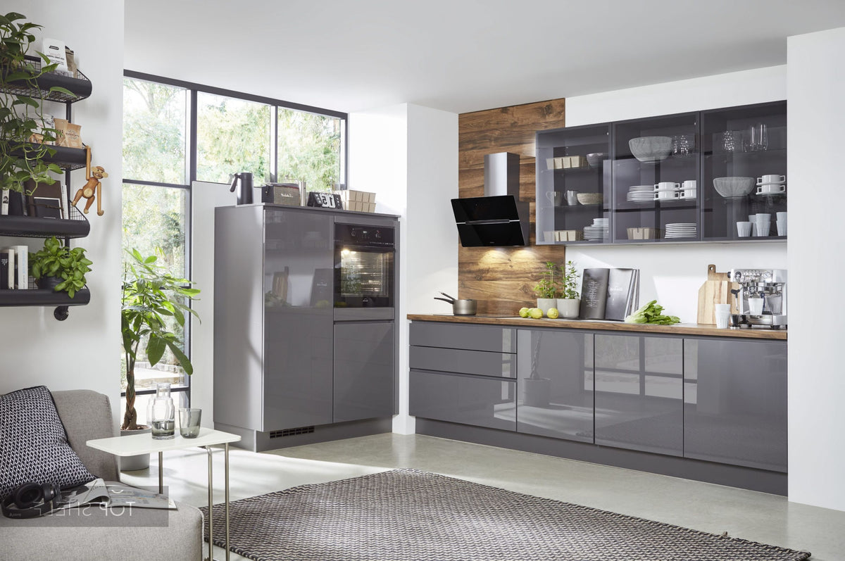 nobilia zweizeilige Küche Flash 453 Schiefergrau Hochglanz  Balkeneiche Nachbildung 125+280 cm moderne Küche optional mit E-Geräten