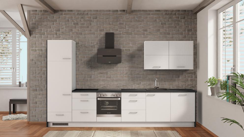 nobilia Appartementküche Lage 360 cm Alpinweiß matt Beton Schiefergrau komplett mit Kochfeld