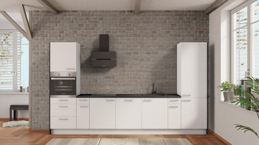 nobilia Appartementküche Ravensburg 360 cm Alpinweiß matt Beton Schiefergrau mit Geschirspüler