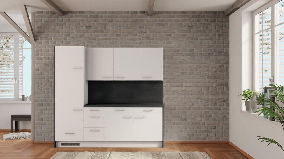 nobilia Küchenzeile Villingen-Schwenningen 225 cm Weiß matt günstig ab Werk kaufen Beton Schiefergrau mit Kühlschrank