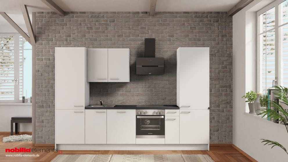 nobilia Singleküche Meerbusch 315 cm Alpinweiß matt Beton Schiefergrau mit Kühlschrank &amp; Geschirspüler