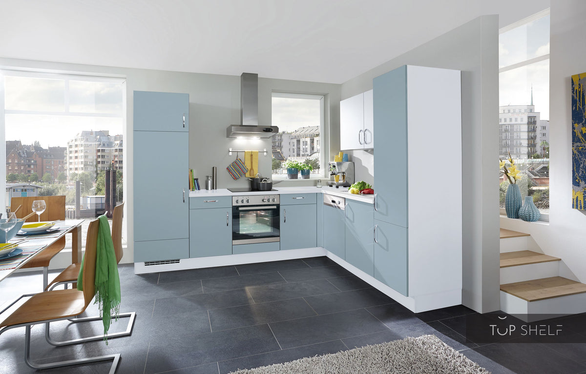 nobilia Winkelküche Eckküche Touch 337 Lacklaminat, Aqua supermatt 250x310 cm konfigurierbar mit Elektrogeräte mit Hochschrank